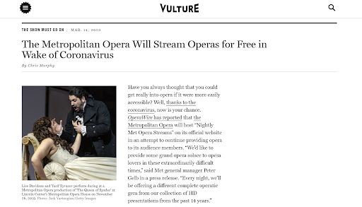 Nghe opera qua live stream của nhà hát The Metropolitan Opera